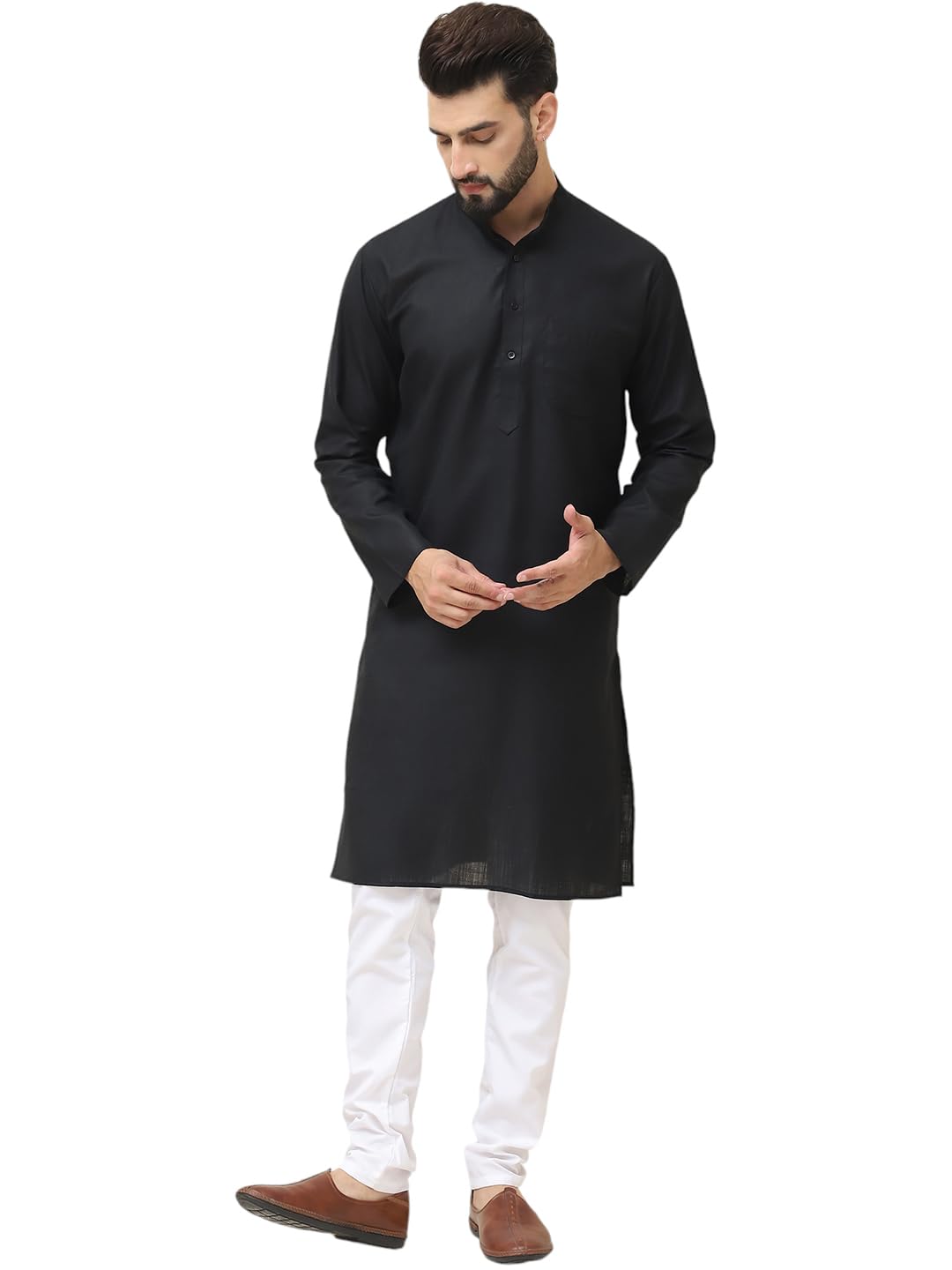 SOJANYA (Since 1958 Men's Cotton Blend Black Kurta With White Churidar Pyjama