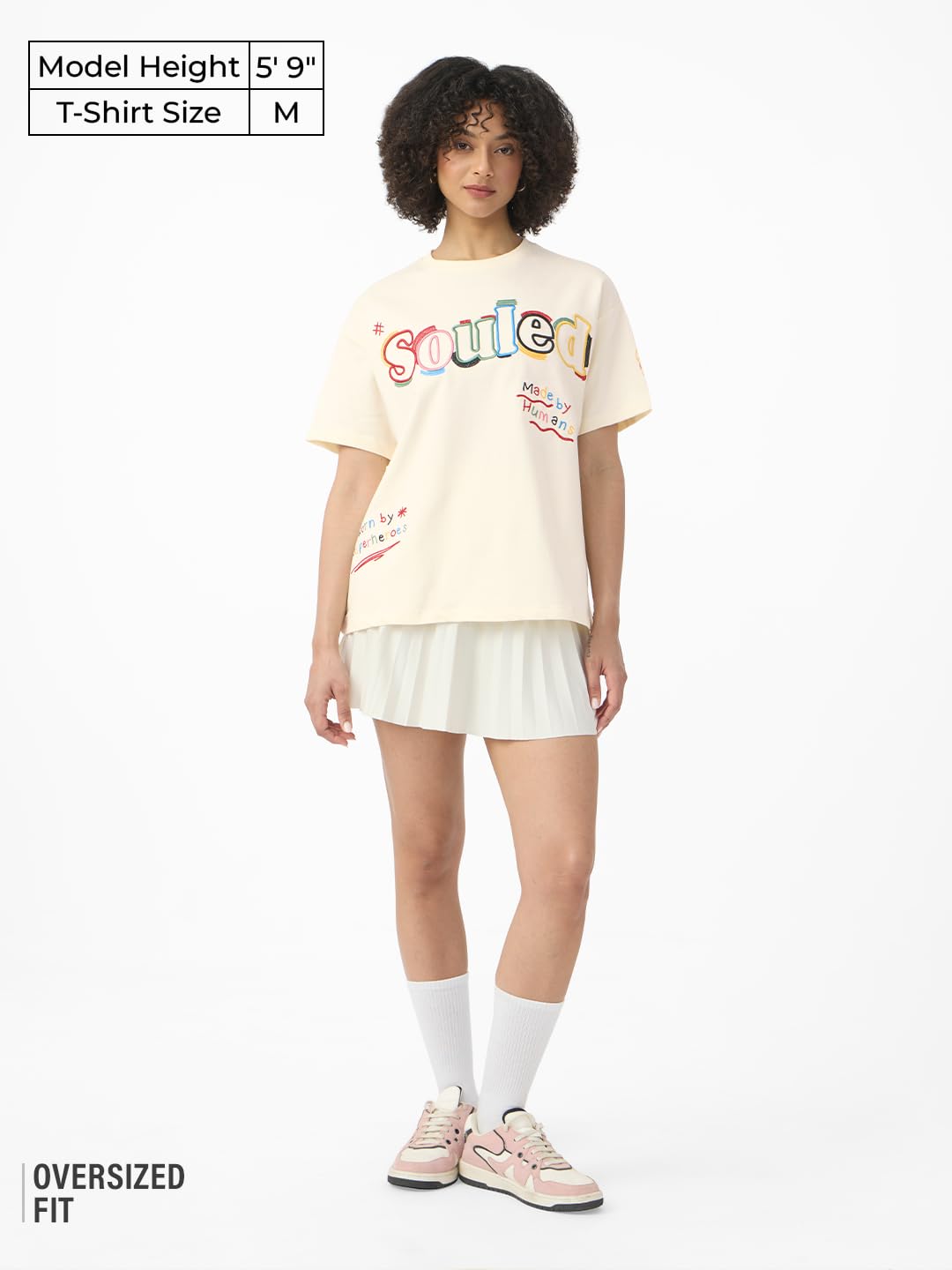 The Souled Store Souled Originals: Colour Blast Women and Girls Short Sleeves Round Neck Off White Embroidered Cotton Oversized