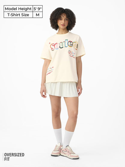 The Souled Store Souled Originals: Colour Blast Women and Girls Short Sleeves Round Neck Off White Embroidered Cotton Oversized