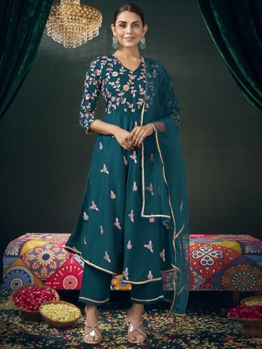 Sanisa Women's Chinnon Sequins and Embroidery Work Anarkali Kurta with Pant and Dupatta Set