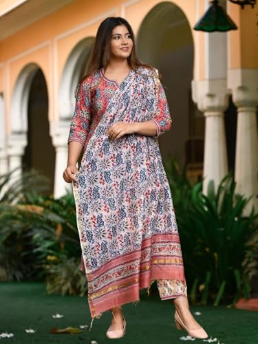 GRECIILOOKS Cotton Blend Floral with Dupatta Kurti Festive Set for Women | Regular Fit Kurta