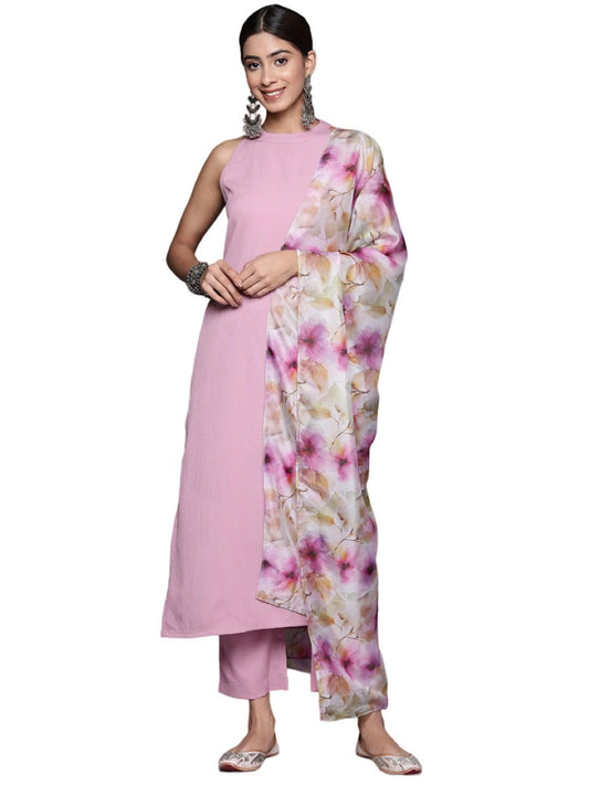 Varanga Women Pink Halter Neck Straight Kurta Paired with Tonal Bottom and Printed Dupatta