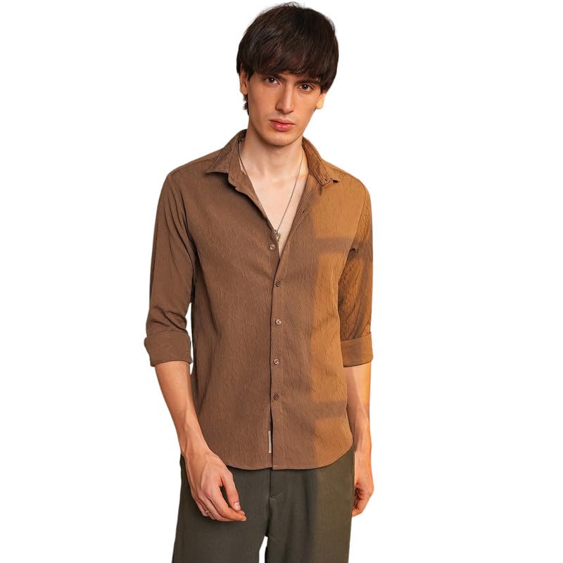Campus Sutra Mens Ash Brown Veined-Textured Shirt | Casual Wear | Spread Collar | Long Sleeve | Button Closure | Shirt Crafted