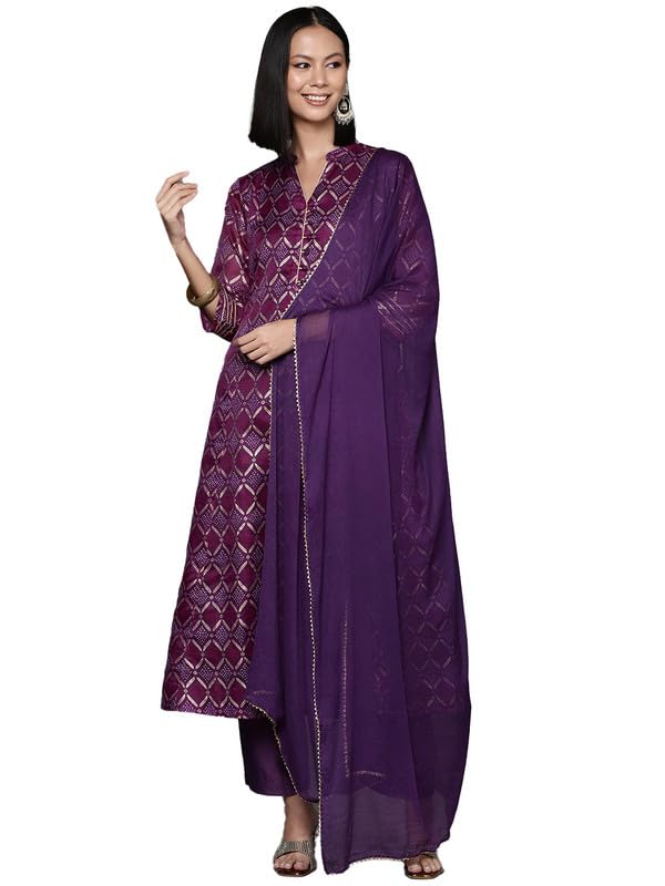 Varanga Women Purple Anarkali Kurta with Mandarin Collar and Three-Quarter Sleeves, Bandhani Print