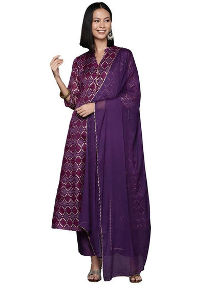 Varanga Women Purple Anarkali Kurta with Mandarin Collar and Three-Quarter Sleeves, Bandhani Print