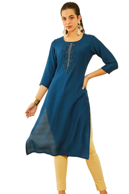 Soch Womens Navy Blue Viscose Kurta with Beads