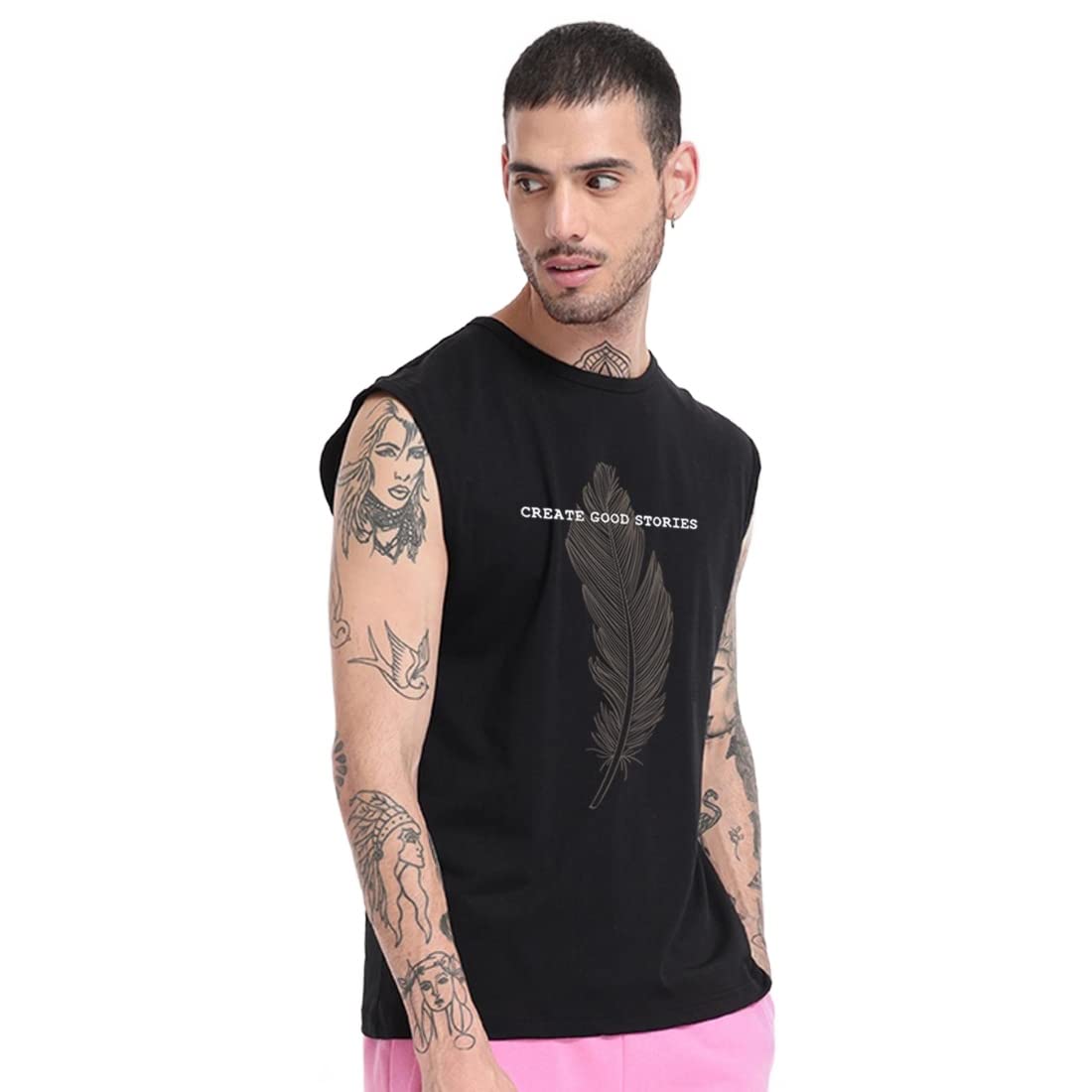Bewakoof Mens Create Good Stories Typography 100% Cotton Vest- Super Loose Fit, Round Neck, Sleeveless Black