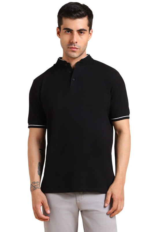 Dennis Lingo MenS Slim Fit Solid Stand Collar T-Shirt Black