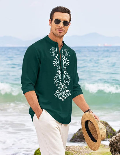 Finivo Fashion MenS Cotton Blend Short Kurta With Bold Printed Front Design | Full Sleeve Ethnic Casual Kurta With Mandarin Coll