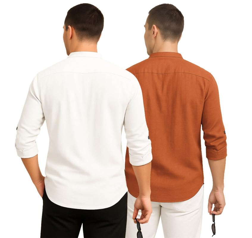 Deelmo Combo Of MenS Cotton Blend Solid Regular Fit Full Sleeve Short Kurta | MenS Trendy Short Kurta Pack Of 2 White - Orange