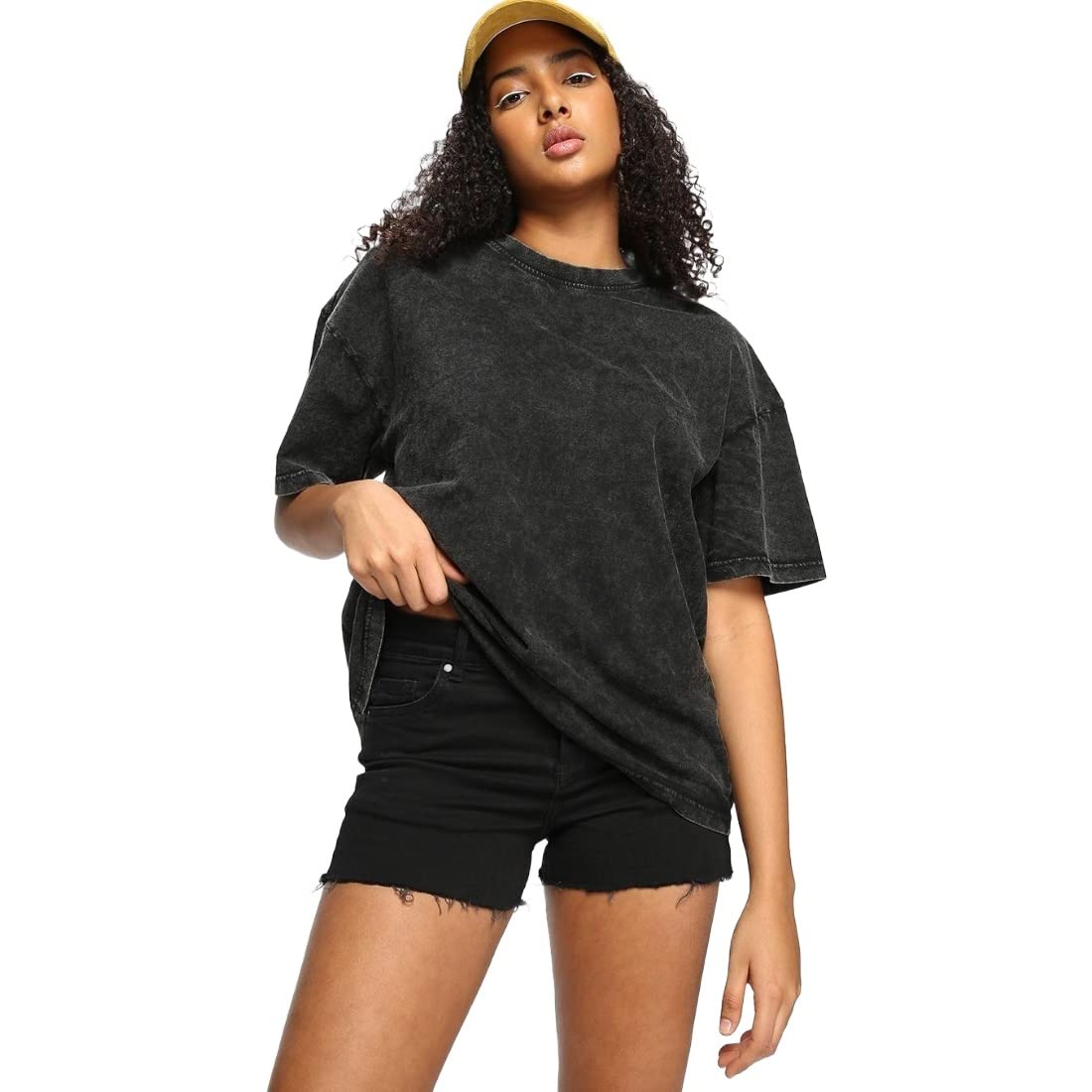 Bewakoof Womens Acid Wash 100% Cotton T-Shirt- Loose Fit, Round Neck, Half Sleeves