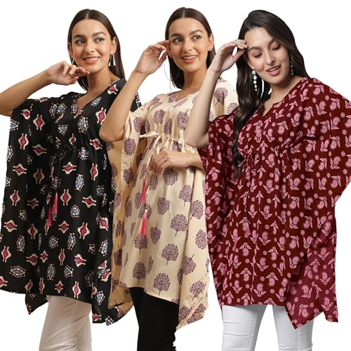 Tee Projekt Combo Crepe Kimino Sleeves Women's Printed Kaftan Dress ll Kaftan Beachwear, Resort Cover Up (Pack of 3)