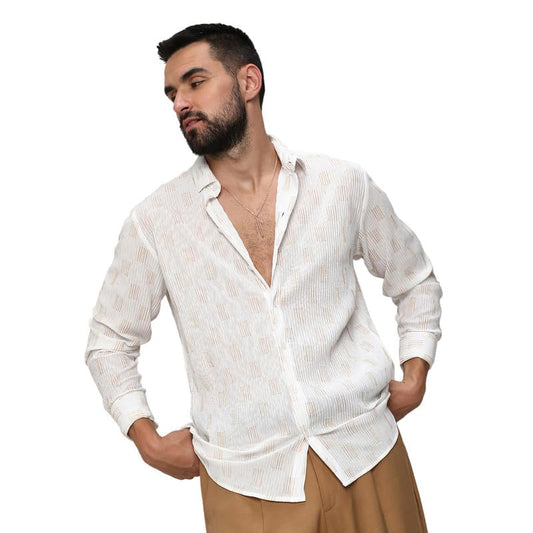 Campus Sutra Mens Chalk White Foil-Pleated Shirt for Casual Wear | Spread Collar | Long Sleeve | Button Closure | Shirt Crafted