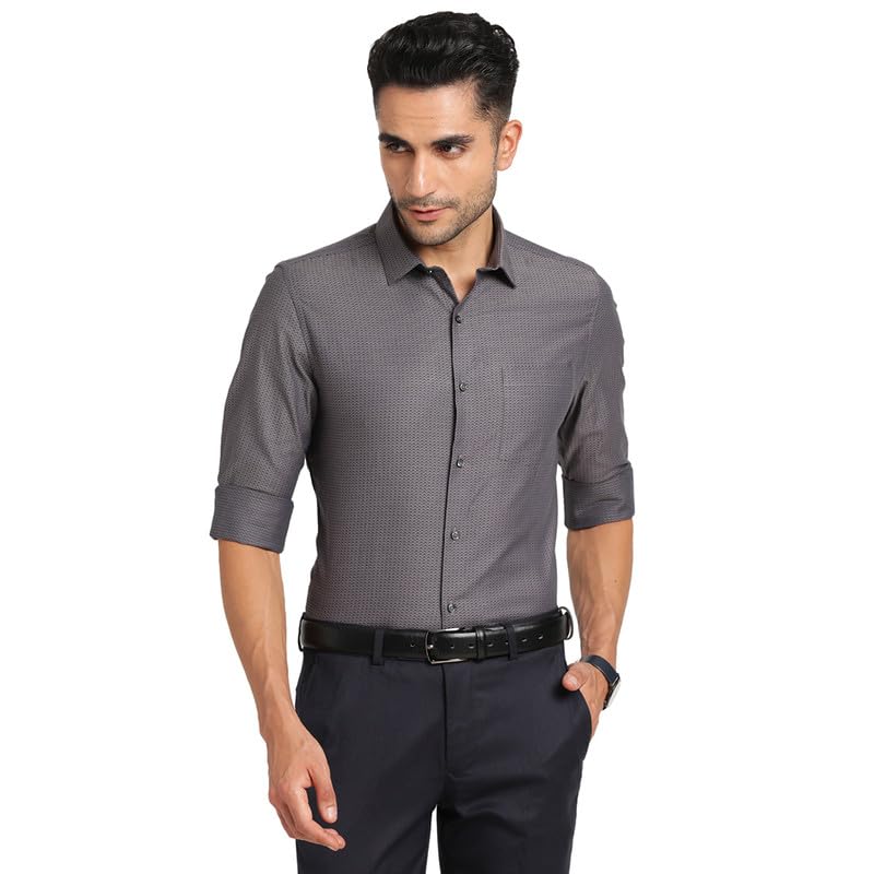 Turtle Men 100% Cotton Slim Fit Grey Self Design Party Shirt