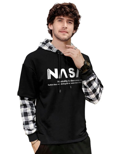 Eyebogler Mens Regular Fit Hooded Neck Full Sleeve Tshirt Black White