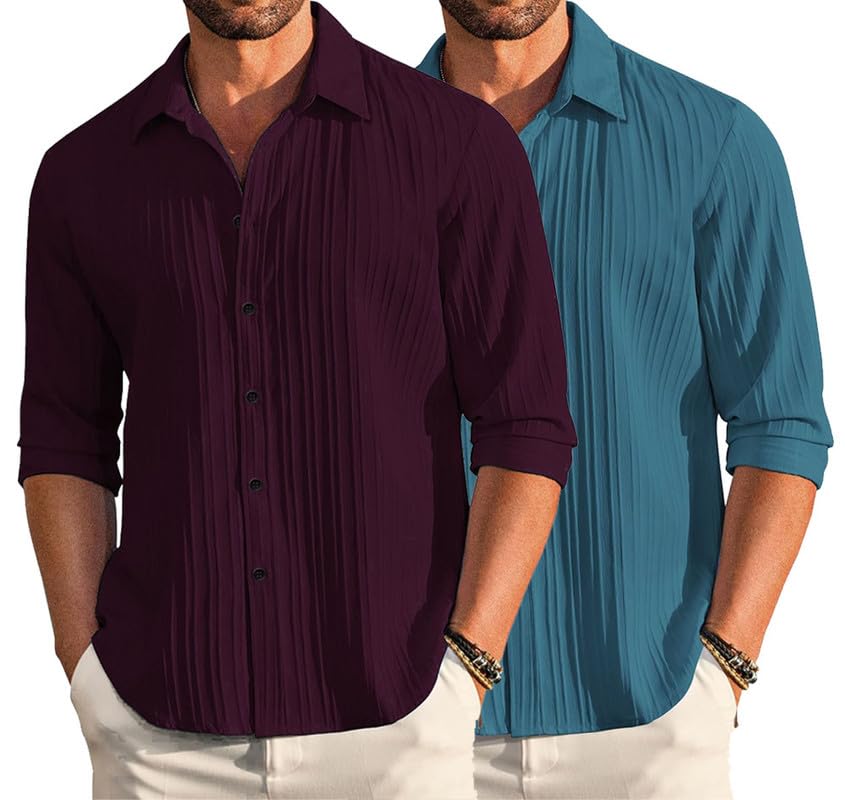 Deelmo Combo Of MenS Casual Button Down Shirts Long Sleeve Linen Shirt Fashion Textured Summer Shirts Pack Of 2