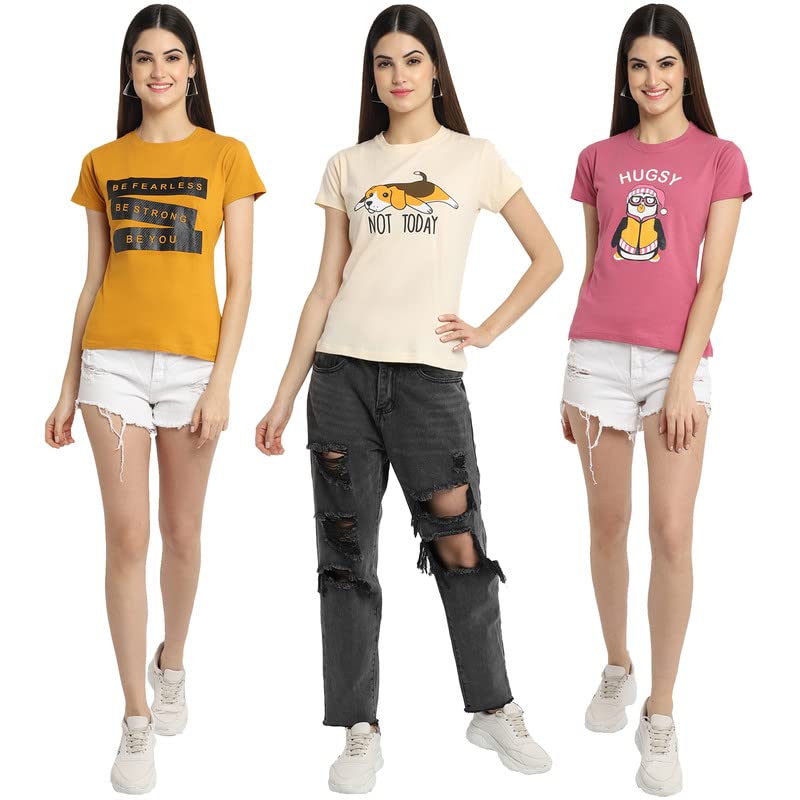 Preneum Womens Cotton Regular Fit Latest Graphic Stylish Printed Short Sleeves Casual T-Shirt || Latest Trendy & Style (Pack 3)