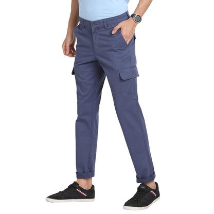 Turtle Men Cotton Stretch Regular Fit Solid Blue Denim Cargo Pant