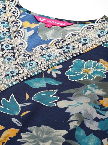 Varanga WomenS Blue Floral Printed V-Neck Kurta With Zari Embroidery, Three-Quarter Sleeves, Side Slit, And Matching Bottom & Du