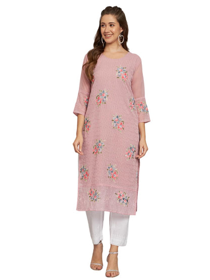Ekasya WomenS Georgette Straight Cut Round Neck Kurta With Beautiful Floral Embroidery Work - Elegant Design, Comfortable Fit,