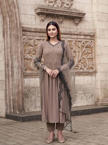 Womanista WomenS Georgette Flared Solid Kurta Set (Kurtaset_1382_Nude