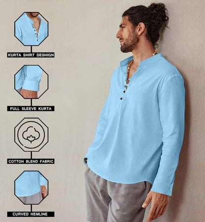 Royalscout MenS Cotton Solid Full Sleeve Short Kurta Shirt Sky