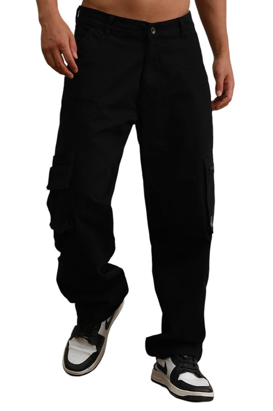 Hubberholme Men Black Cotton Loose Fit Mid-Rise Trousers