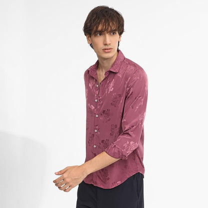 Campus Sutra Mens Rouge Pink Self-Design Floral Shirt for Casual Wear | Spread Collar | Long Sleeve | Button Closure | Shirt Cr