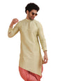 Kisah Men Peach-Coloured Solid Banarasi Straight Kurta Full Sleaves, Knee Length, Straight, Regular Fit, Mandarin Collar Ethnic