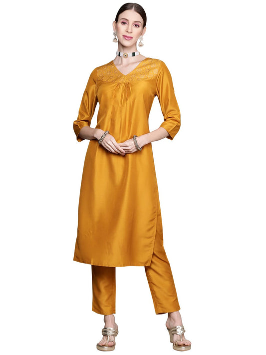 Ziyaa Women's Mustard Chinon Straight Kurta And Pant Set(ZIKUCH3779ANDPA)