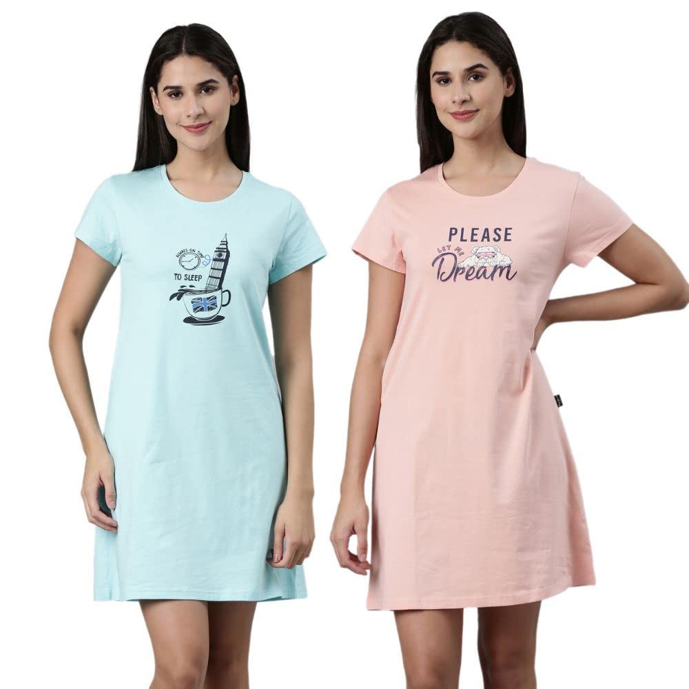 Pepe Jeans Cotton Knee Length Nighty, Nightdress, Gown For Women | Comfortable Soft Printed Sleepwear - Blossom|Mint - L (Pack O