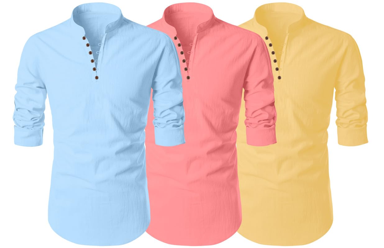 Finivo Fashion MenS Cotton Blend Regular Fit Solid Casual Kurta Shirt Pack Of 3
