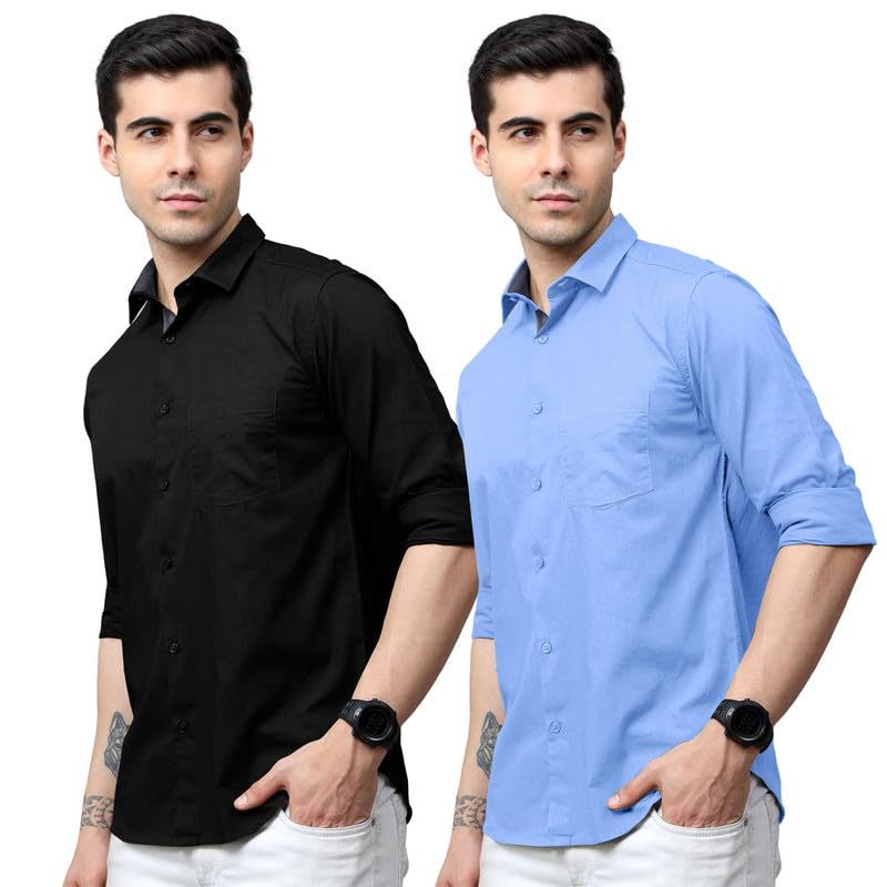 Tee Projekt Cotton Shirt for Men ll Front Pocket Shirt ll Stylish Long Sleeve Shirt ll Soild Regular Fit (Pack of 2) Black-Sky B