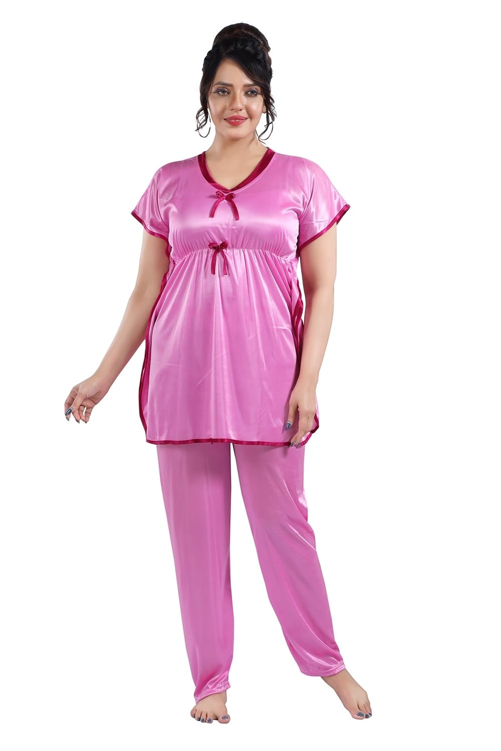 Fabme WomenS Satin Pink Kaftan Top & Pyjama Set
