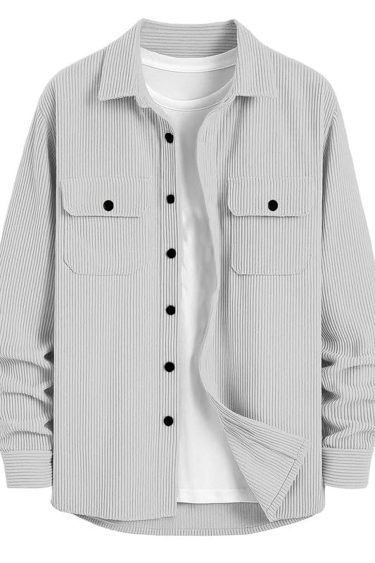 Deelmo MenS Full Sleeve Corduroy Shirt | Stylish Textured Casual Button-Down Shacket For Autumn Winter | Dual Pocket Front Desig