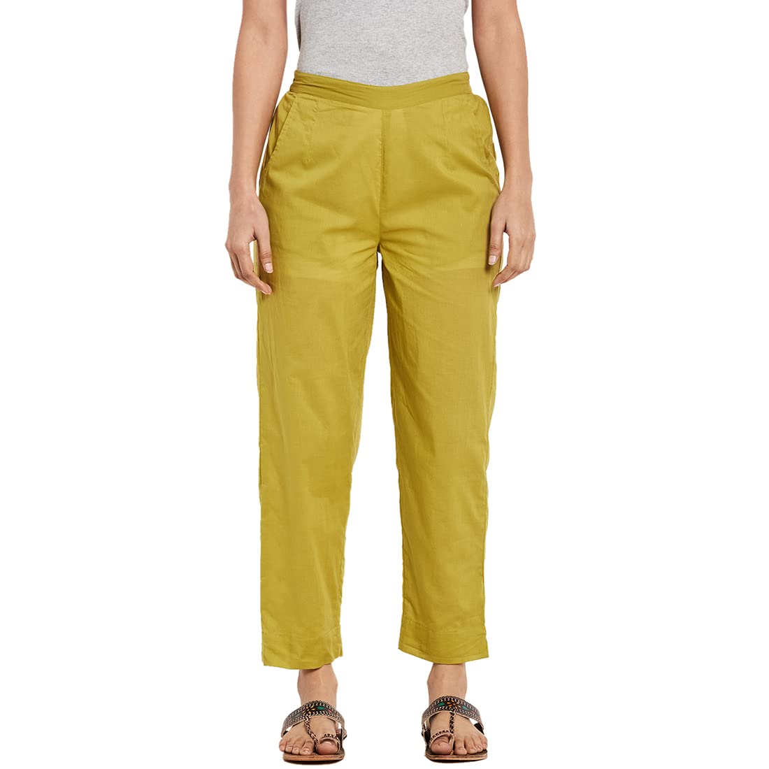 Fabindia Women Elasticated Casual Pant Cotton_M Lime