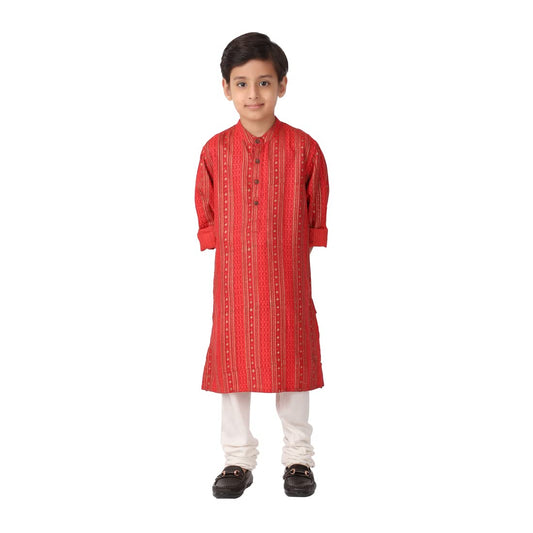 Fabindia Kids Silk Chinese Collar Long Kurta Viscose_Red