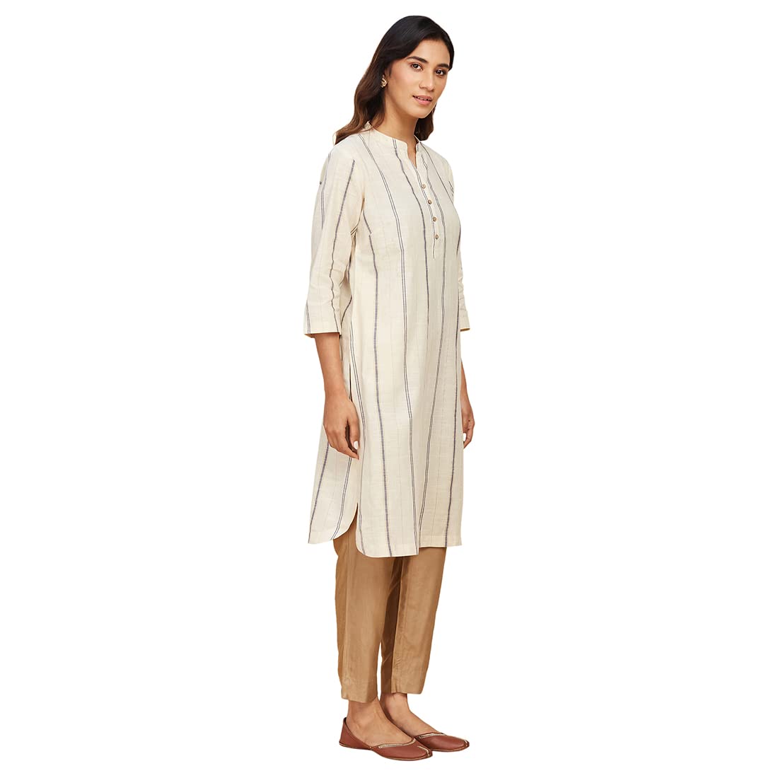 Fabindia Women's Cotton Blend Striped Regular Kurta