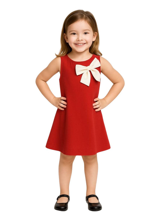 A.T.U.N. (ALL THINGS UBER NICE) Girls Stylish Suzy Dress with Contrast Bow | Sleeveless Soft Stretchable Knee Length Dress Red