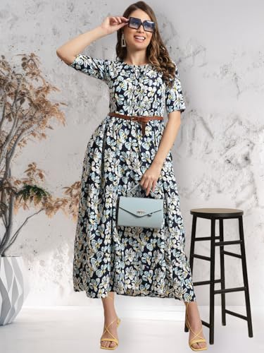 Preneum WomenS Georgette Floral Printed 3/4 Slevees A-Line Fit & Flare Gown With Beltindo-Western Ethnic Gown || A-Line Maxi Dr