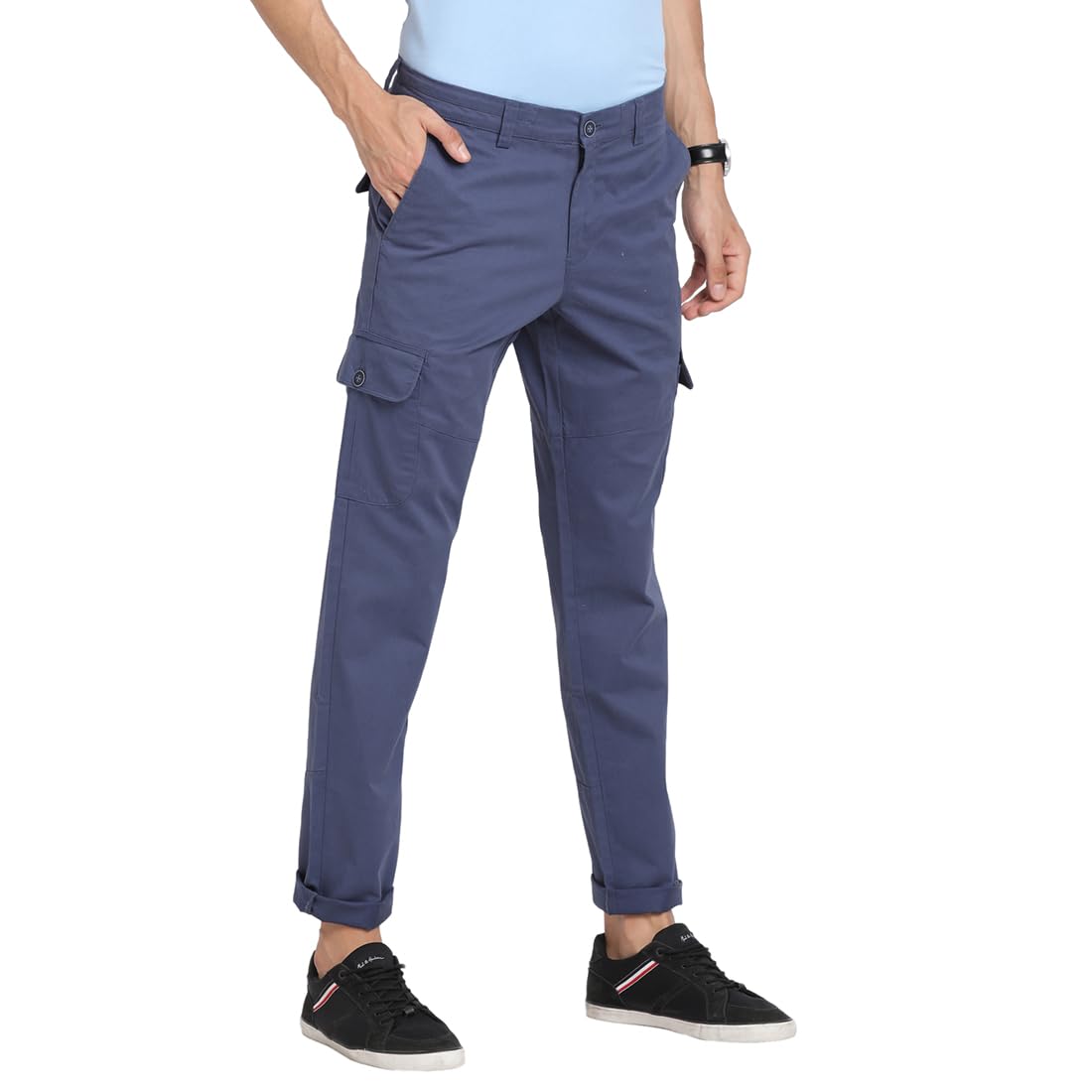 Turtle Men Cotton Stretch Regular Fit Solid Blue Denim Cargo Pant