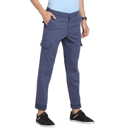 Turtle Men Cotton Stretch Regular Fit Solid Blue Denim Cargo Pant