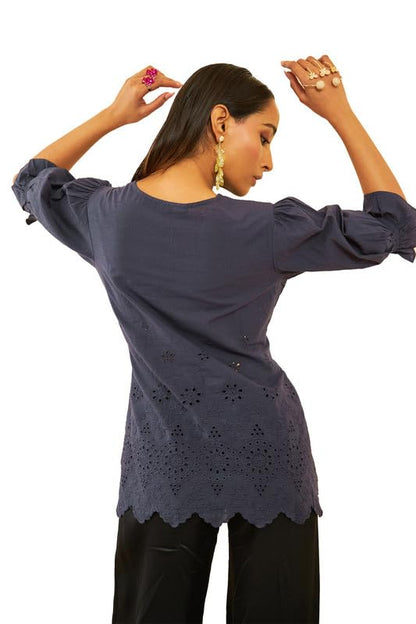 Soch Womens Blue Cotton Floral Schiffli Design Puff Sleeves Tunic