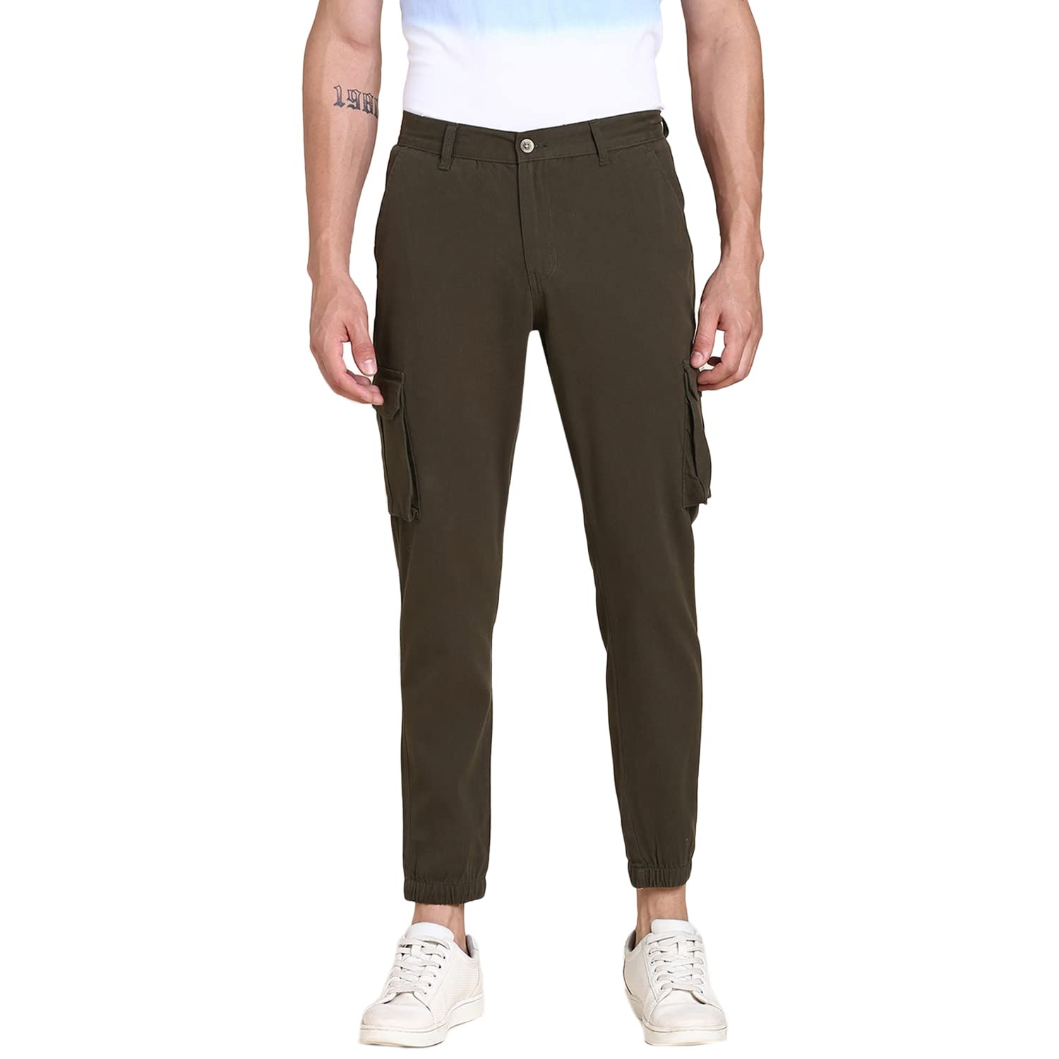 Dennis Lingo Slim Fit Dark Olive Solid Cargo Jogger for Men