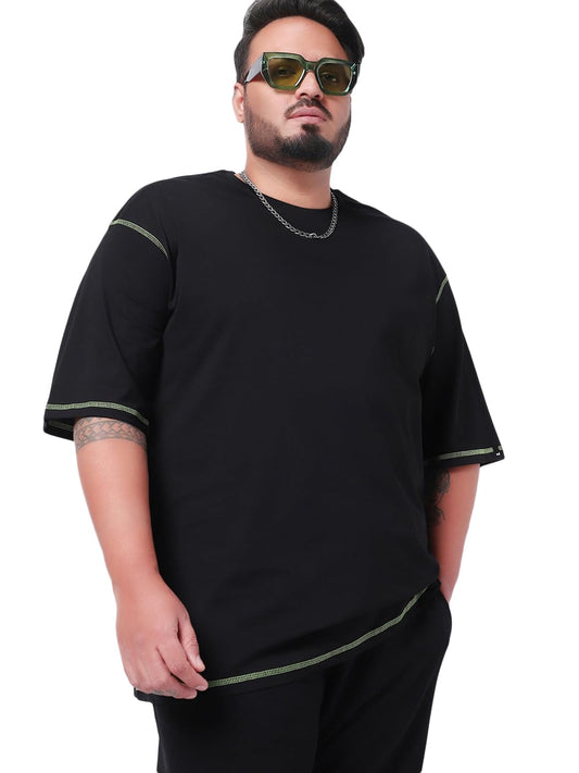 Bewakoof Mens Solid 100% Cotton Plus Size T-Shirt - Oversized Fit, Round Neck, Half Sleeves_580110_Black_5XL