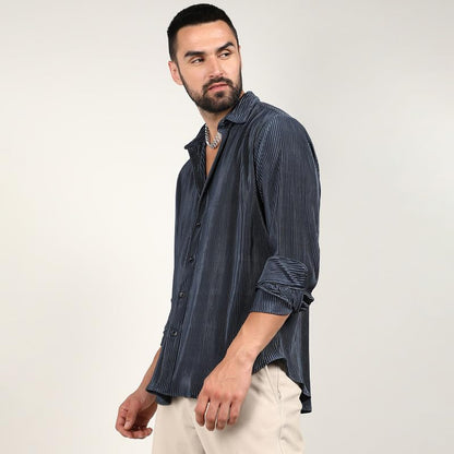 Campus Sutra Mens Navy Blue Pleat-Creased Shirt for Casual Wear | Spread Collar | Long Sleeve | Button Closure | Shirt Crafted