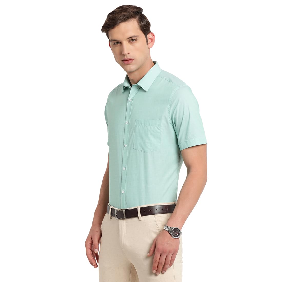 Turtle Men Green Slim Fit Solid Pure Cotton Formal Shirt