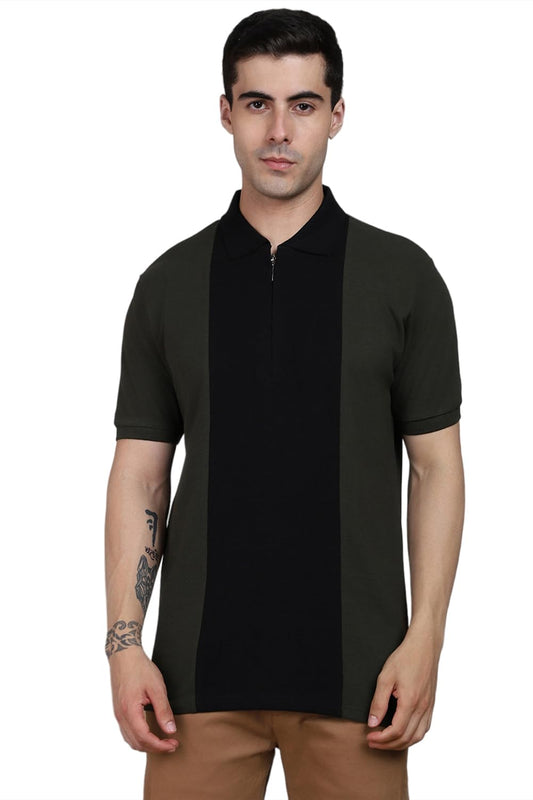 Dennis Lingo MenS Cotton Olive Colorblocked Polo Neck T-Shirt