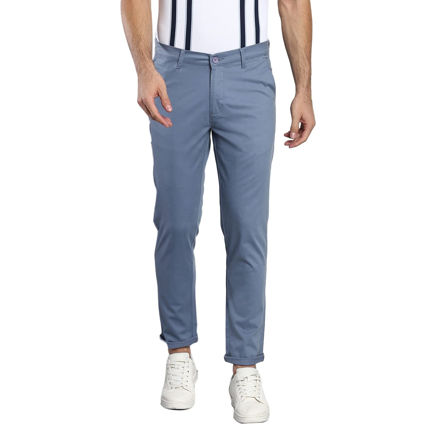 Dennis Lingo Solid Cotton Mens Casual Trouser, Tapered Fit, Mid Rise, Chinos Trousers Steelblue