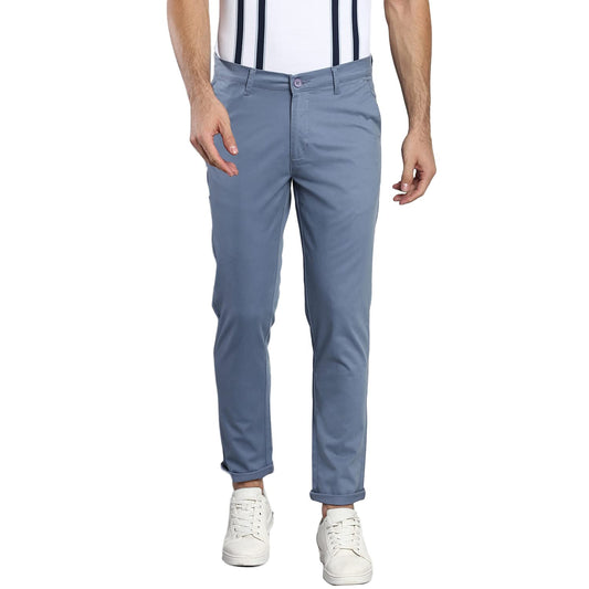 Dennis Lingo Solid Cotton Mens Casual Trouser, Tapered Fit, Mid Rise, Chinos Trousers Steelblue